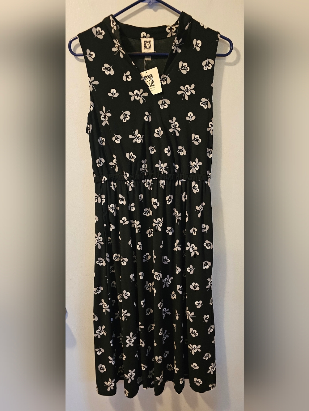 Anne Klein Black Lilly Sleeveless Midi Dress‎ V-Neck Elastic Waist Pockets 6 NWT